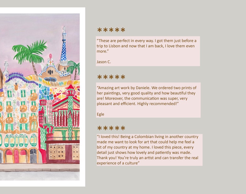 May include: A watercolor painting of a colorful building with a mosaic facade. The building is set against a pink sky with palm trees in the foreground. The painting is framed with a white border.