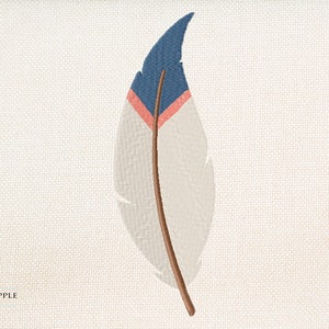 May include: A white feather with a blue and pink stripe at the top. The feather is brown at the bottom.
