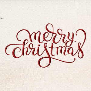 May include: Red cursive lettering on a white background that reads "merry christmas".