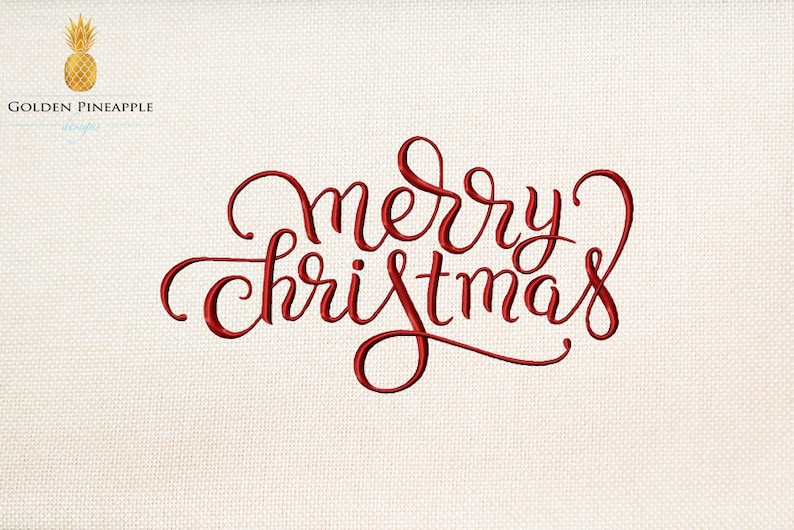 May include: Red cursive lettering on a white background that reads "merry christmas".