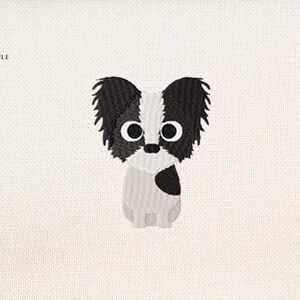 May include: A black and white cartoon illustration of a small dog with big eyes. The dog is standing on a white background.