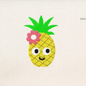 May include: Embroidered yellow pineapple with a smiling face, black eyes, and a pink flower. The pineapple has a green leafy top and a cross-hatched pattern. The text "Golden Pineapple Designs" is in the upper right corner.