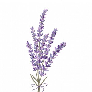 May include: A detailed embroidery design of a lavender bouquet. The lavender features shades of purple and green, tied together with a delicate bow. The design is on a white background, with color swatches at the top.