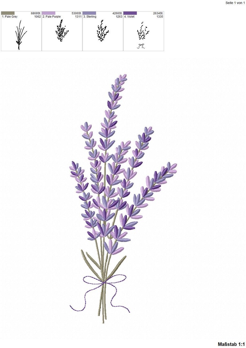 May include: A detailed embroidery design of a lavender bouquet. The lavender features shades of purple and green, tied together with a delicate bow. The design is on a white background, with color swatches at the top.