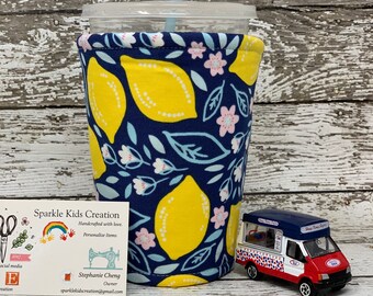 Lemon Navy Coffee Cozy|Coffee Sleeve|Coffee Cozy|Navy floral iced coffee cozy|iced coffee cozy|hot coffee cozy|drink cozy|cup cozy|beer cozy