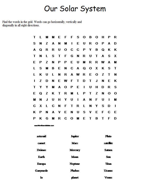 Our Solar System Word Search Puzzle