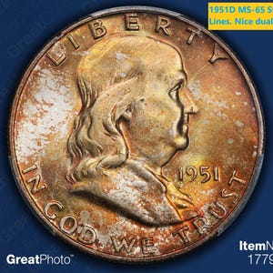 1951-D Franklin Half Dollar PCGS MS-65 -Strong FBL -Nice Toning. Most Franklins tone rather unattractively - Nice ones hard to find
