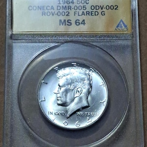 Raro mezzo dollaro Kennedy del 1964 MS-64 in argento al 90% - Presenta diversi errori desiderabili: Coneca DMR-005, Odv-002, Rvd-002 e G svasata. - Leggi sotto