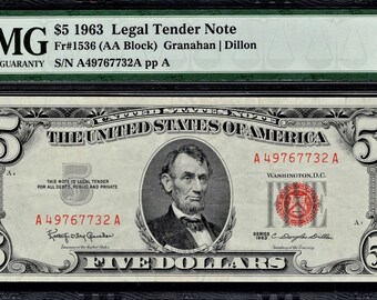 US 1963 $5.00 Legal Tender/Red Seal Note FINE or better 