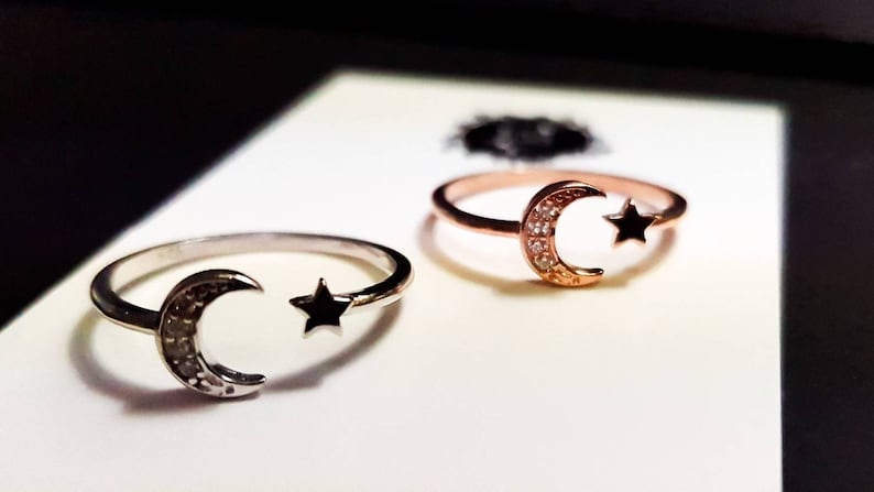 UK Dainty JiSis Front Open US Adjustable White Gold Cubic Zirconia Ring MoonStar Rose gold Crescent Moon Star Sterling Silver Ring