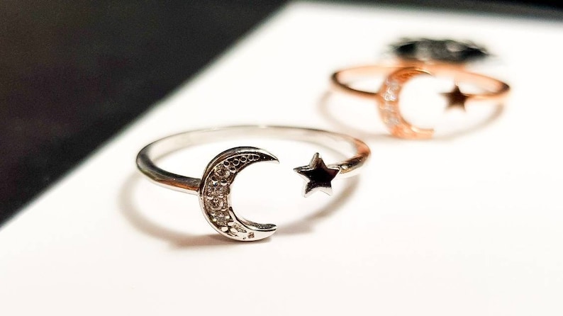 UK Dainty JiSis Front Open US Adjustable White Gold Cubic Zirconia Ring MoonStar Rose gold Crescent Moon Star Sterling Silver Ring