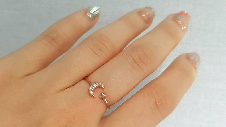 UK Dainty JiSis Front Open US Adjustable White Gold Cubic Zirconia Ring MoonStar Rose gold Crescent Moon Star Sterling Silver Ring