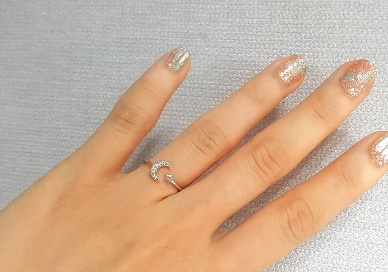 UK Dainty JiSis Front Open US Adjustable White Gold Cubic Zirconia Ring MoonStar Rose gold Crescent Moon Star Sterling Silver Ring