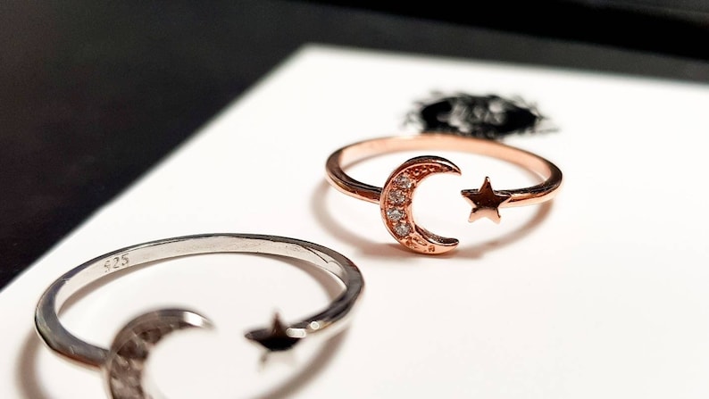 UK Dainty JiSis Front Open US Adjustable White Gold Cubic Zirconia Ring MoonStar Rose gold Crescent Moon Star Sterling Silver Ring