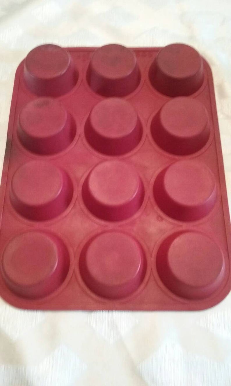 2 12 Red Silicone Non Stick Baking PansTwelve One Dozen CupcakeBundt Cake FormDIYDessertHolidayEco FriendlyReusable Set of Two