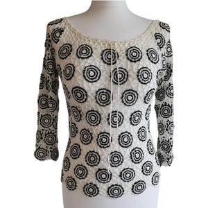 Vintage Handmade Cochet Blouse White & Navy Blue Women Girl Summer Crop Top Shirt Size  S / M
