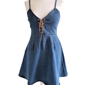 Y2K Denim Mini Dress Lace-Up Blue Summer Sleeveles Dress Women Size S