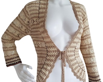 Vintage Crochet Crop Top Cardigan Sweater By Kello Beige Brown Crochet Boho Look Women Top  Size S