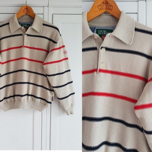 Vintage Knitted Pullover Sweater Oscar Jacobson Windstopper Beige Black Red Stripes  Size S / M