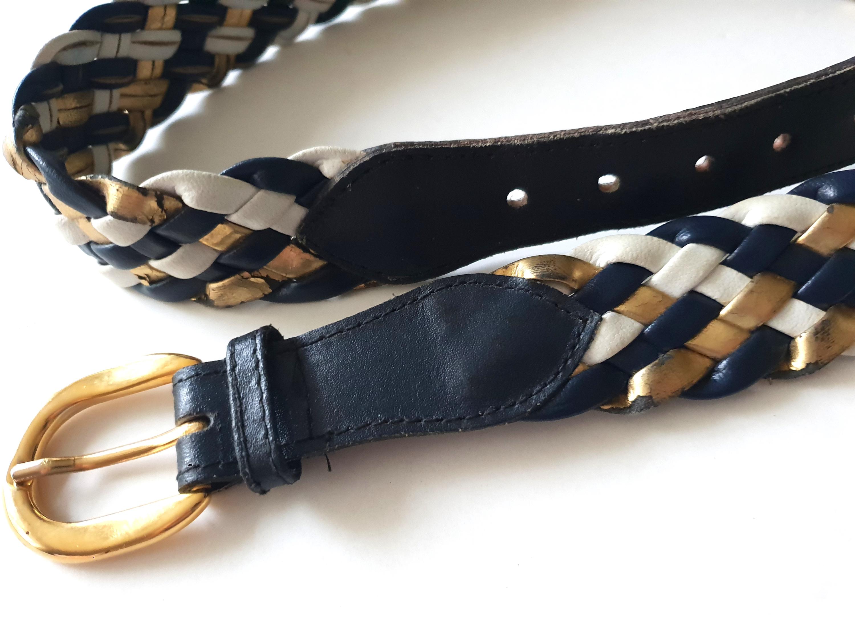 Navy Vegan Leather Vintage Gold Brooch Belt Crafted in Italy Leather Belts main image 4