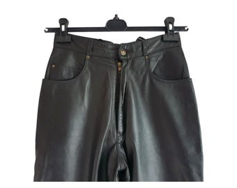 Pantalon en cuir noir vintage des années 80 taille haute femme pantalon taille S/W27