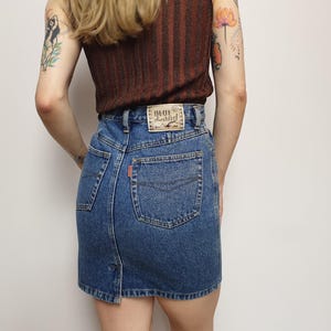 80&#39;s Vintage Blue Denim Skirt Jean Tulip Women Skirt By Blue Land Size XS