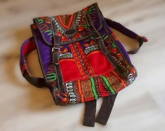 EXCLAMATION MARK Backpack / Canvas Aztec Colorful Print and Brown Leather Laptop Bag / Oldschool Look Accessories / Festival Accessory