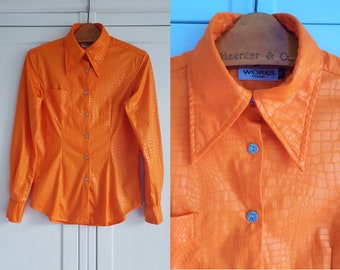 Women Orange Shirt Vintage Casual Blouse In Crocodile Print Women Size S / M  Made in England