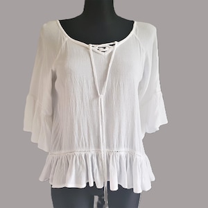 White Blouse Top / Boho White Cotton Summer Beach Tunic By Ally Bell Women Size  S / M