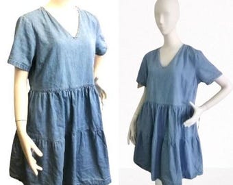 Vintage Denim Babydoll Dress: Frilled Blue Cotton, Women's XL