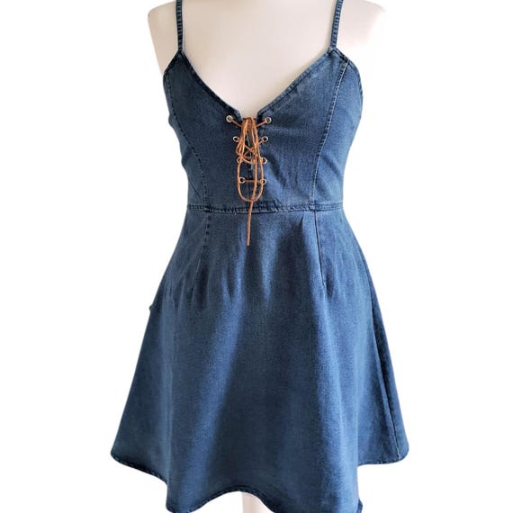 Y2K Denim Mini Dress Lace-Up Blue Summer Sleeveles Dress Women Size S Y2K Denim Mini Dress Lace-Up Blue Summer Sleeveles Dress Women Size S