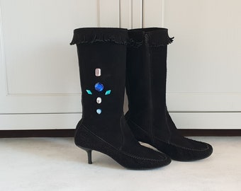 Vintage Black Suede Kitten Heel Boots: 80s Fringe Detail, EUR 41 / US 9.5