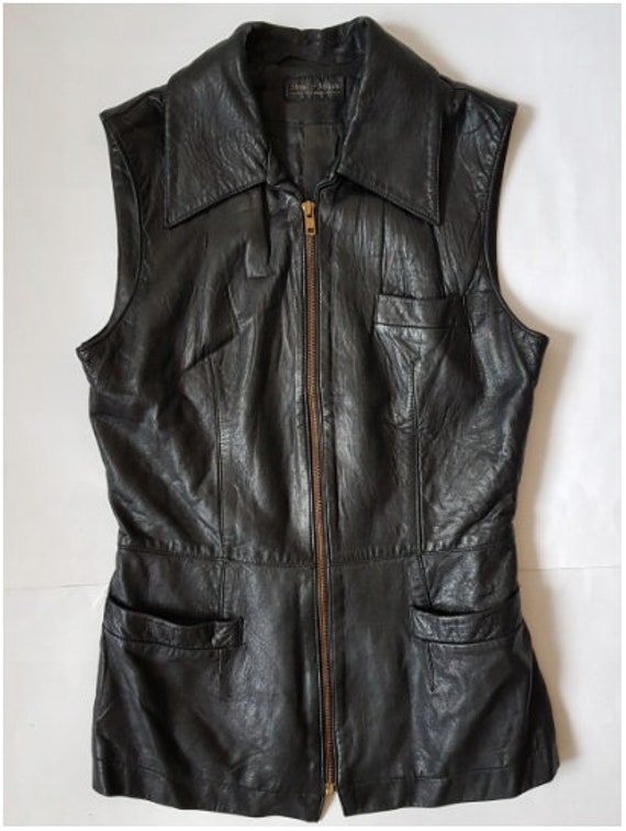 Vintage Black Leather Motorcycle Vest Women Size S / M Gem