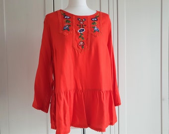 Embroidered Boho Top Hippie Ethnic Folk Red Shirt Blouse Women Tunic Size L / XL / UK 16