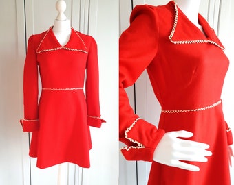 70's Vintage Red Dress Retro Red Pure New Wool Cocktail Party Dress Made in London England Women Size S / M