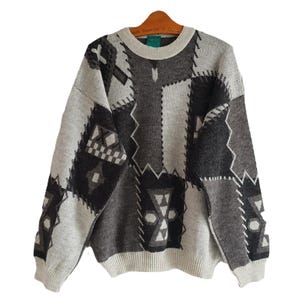 90er Jahre Pullover Alpaka Wolle Retro Männer Pullover Grau Graphite Print Männer Pullover Größe M / L