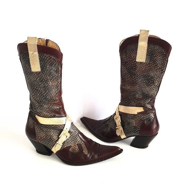 Bottes de cowboy Ferde vintage chaussures en cuir véritable marron or bottes femmes mode taille UE 37 / 6 US / 4 UK