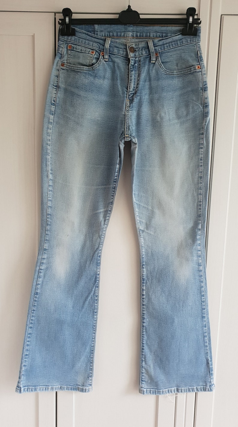Levis 584 Jeans Vintage Light Blue Denim Bell Bottom Jeans Women Men Size 31 32 x 34 W31 W32 L34 image 2