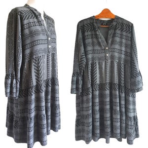Vintage Viscose Dress Gray with Aztec Black Print and Frills - Women's Size XL