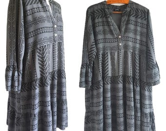 Vintage Viscose Dress Gray with Aztec Black Print and Frills - Women's Size XL