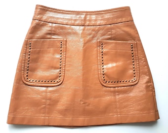 Vintage Vegan Leather Mini Skirt: Studded Pockets, Size S