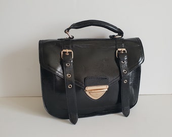 Vintage Leather Handbag Black Silver Retro Top Handle Women Bag By Warehouse