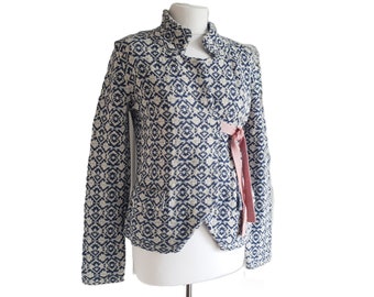 Odd Molly Cardigan Sweater , Tied Women Blazer Blue White Print  Size S / M