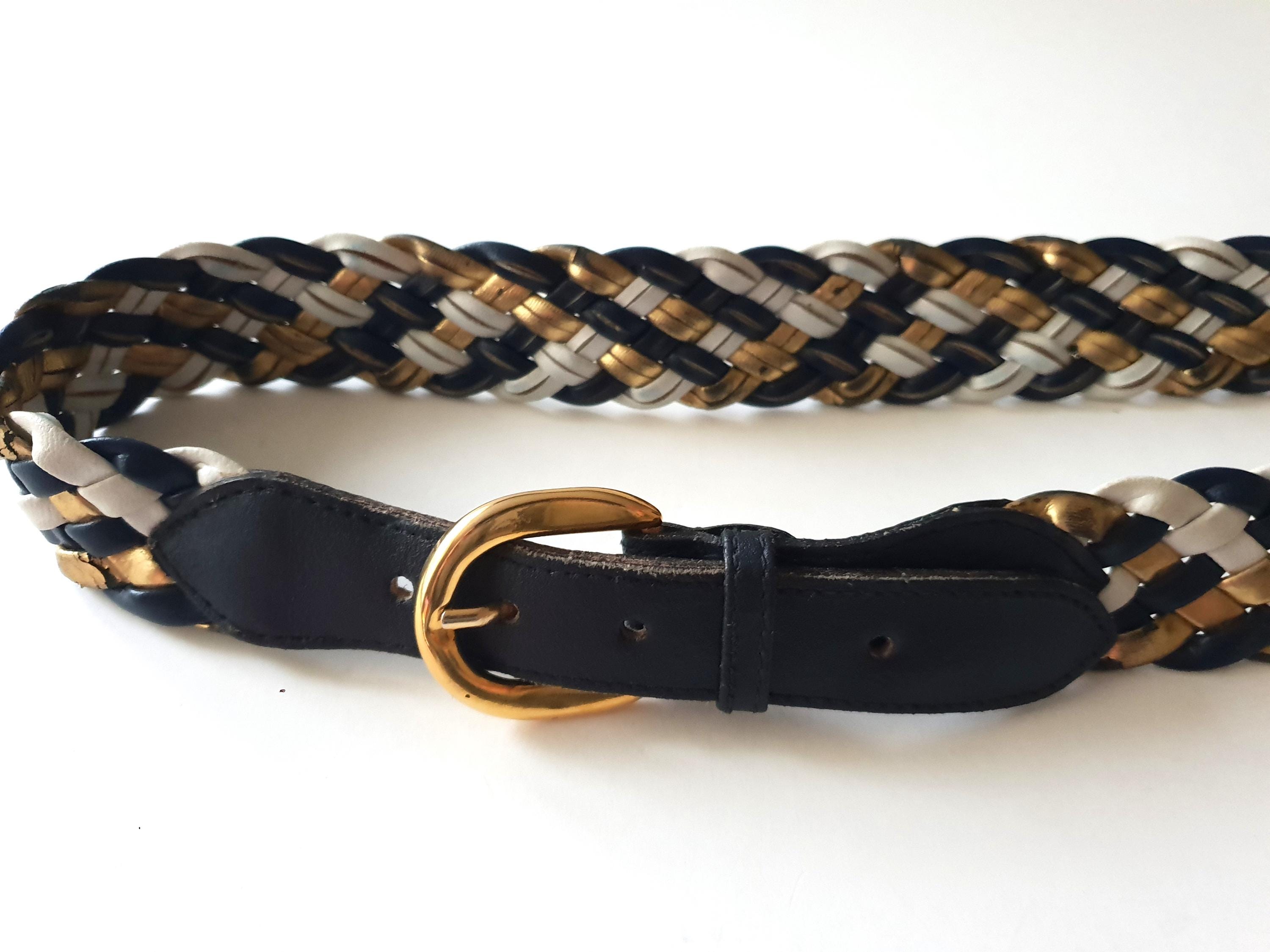 Navy Vegan Leather Vintage Gold Brooch Belt Crafted in Italy Leather Belts main image 2