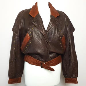 Blouson motard en cuir marron / blouson aviateur en cuir femme vintage / veste courte vintage en cuir véritable taille M