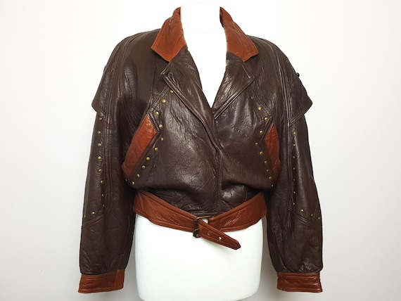 Brown Leather Biker Jacket / Vintage Women  Bomber Leather Jacket / Oldschool Real Leather Crop Jacket Size M