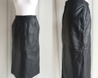 Black Leather Skirt 90s Vintage Midi Pencil Retro Long Skirt Women Size M / L