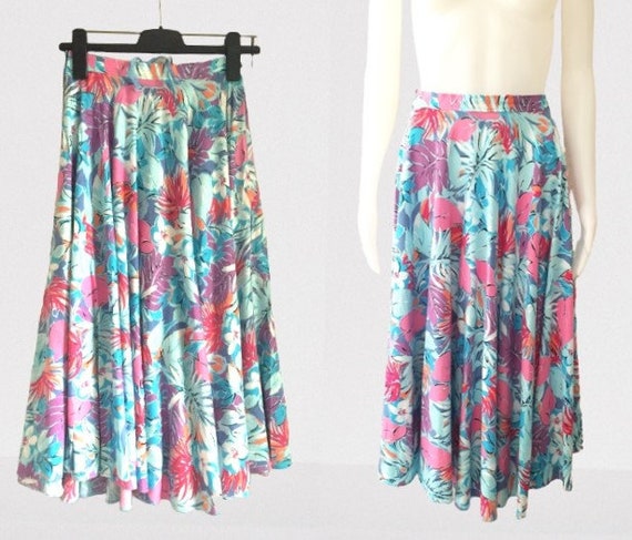 Vintage Flared Long Skirt Floral Print Midi Skirt Women Girl Size