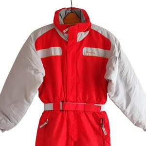 Quechua Vintage Ski Suit , Red Gray Winter Overalls , Ski Jumpsuit Small Size XS / S