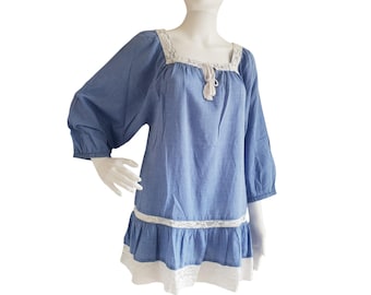 Blusa de algodón con ribete de encaje, estilo bohemio, estilo vintage, para mujer, para playa, con volantes, talla S/M